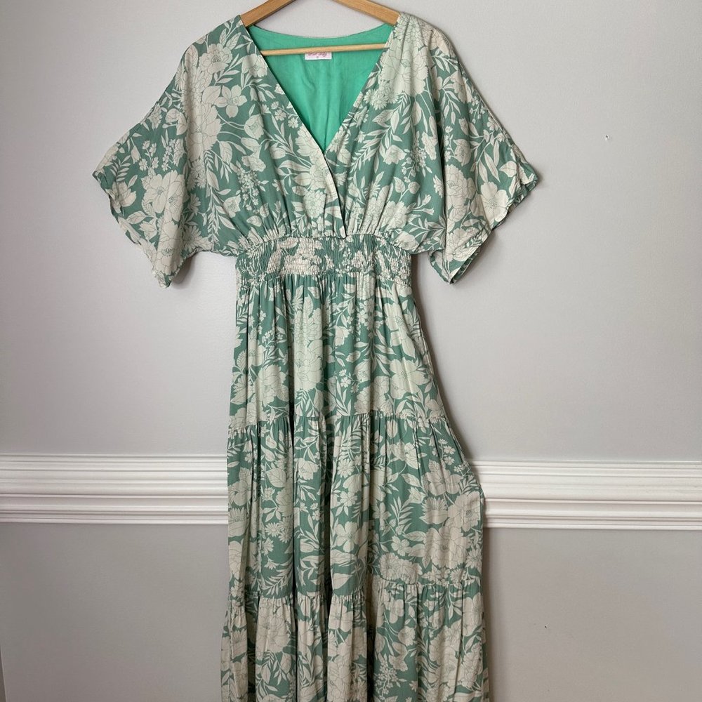 Sunshiny Days Green Smocked Waist Floral Maxi - Medium, Pink Lily